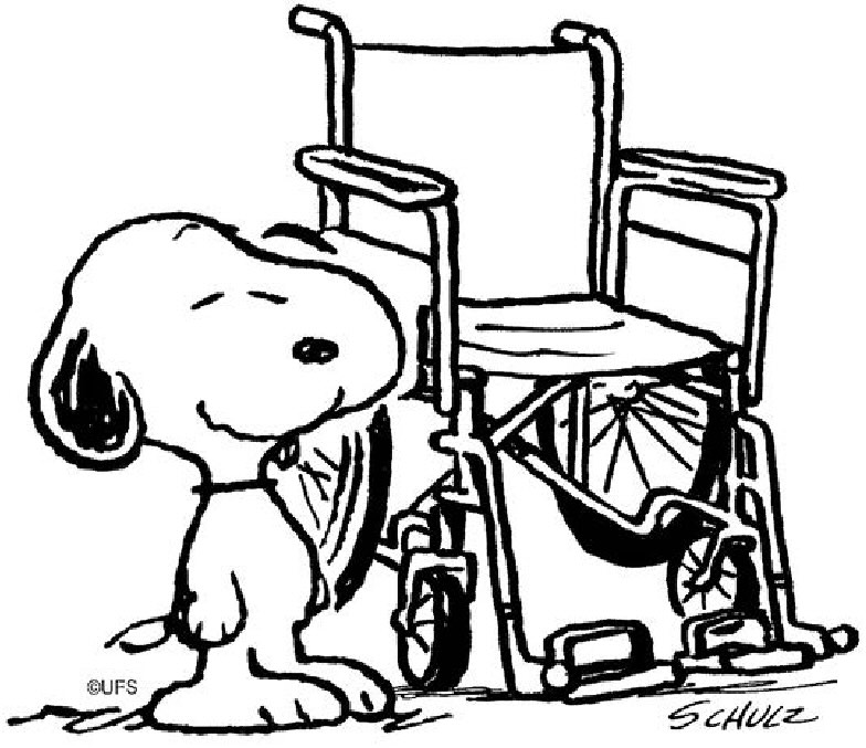 Illustration of the Peanuts character Snoopy next to a wheelchair.